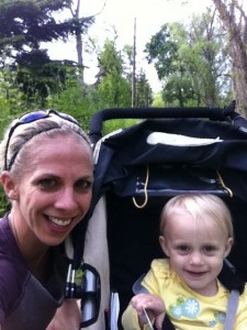 mom and daughter with jogging stroller