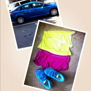 bright running clothes and car