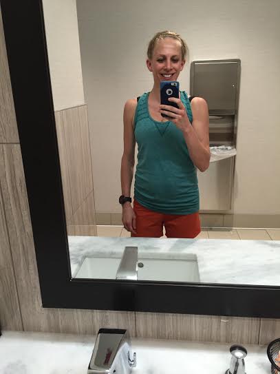 Hotel bathroom selfie before heading out for one of my first postpartum runs.